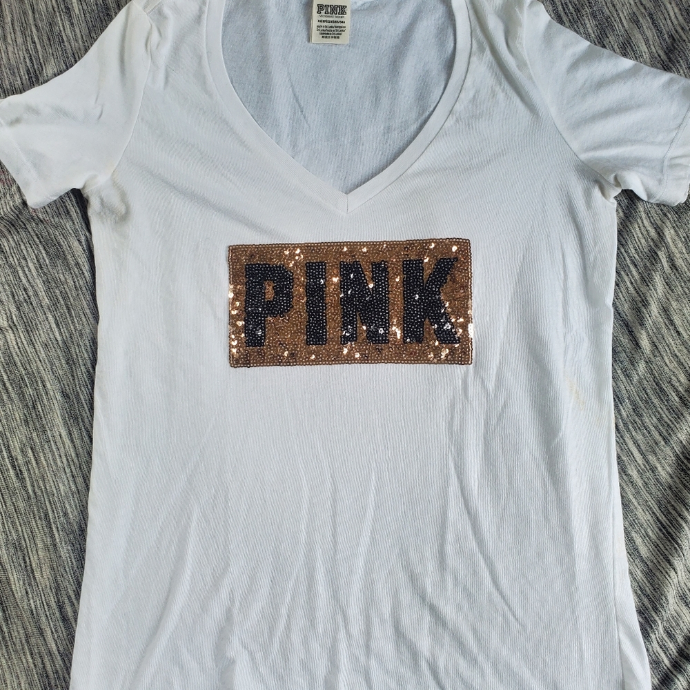 Victoria's Secret PINK V-Neck Bling Logo Tee